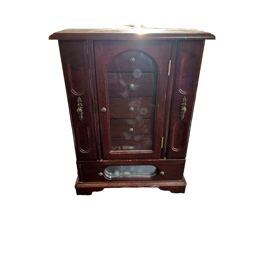 Vintage Wooden Jewelry Armoire Cabinet with Etched Glass
